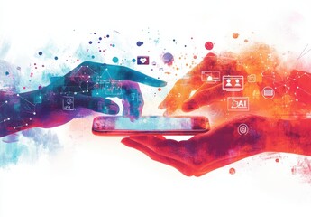 Poster - Abstract digital interaction between hands holding a smartphone with colorful projections, exploring the connection of technology and communication in a vibrant style