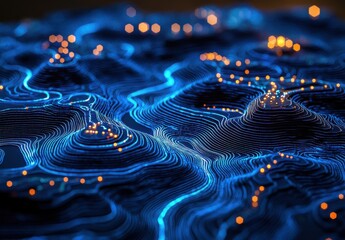 Poster - Abstract Digital Landscape with Blue Lines and Glowing Points Representing Data Connectivity and Modern Technology Trends