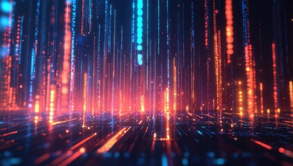 Poster - Abstract digital landscape with glowing lines and particles in vibrant blue and orange colors illuminating a futuristic cyber environment