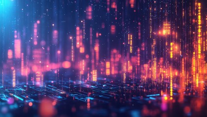 Poster - Abstract digital landscape with glowing orange and blue particles and lines, representing technology, data, and futuristic concepts in a vibrant environment