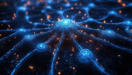 Poster - Abstract digital network with glowing nodes connected by luminous lines, showcasing intricate patterns and vibrant colors, symbolizing technology and innovation