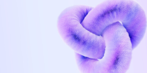 Poster - Abstract 3d blue background with fur fluffy knot render. Cute furry geometric shape with purple gradient hairy texture. Fashion banner, creative wallpaper with curve twisted wool line. 3D illustration