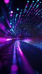 Poster - abstract digital tunnel featuring vibrant blue and purple lights with glowing dots, creating a mesme
