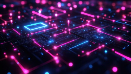 Poster - Abstract Futuristic Digital Background with Colorful Light Particles and Geometric Patterns in Neon Pink and Blue on Dark Surface