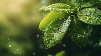 Poster - Detailed closeup shot of fresh green leaves with glistening water droplets clinging to the surface showcasing the natural beauty and vibrant colors of the plant in its natural habitat