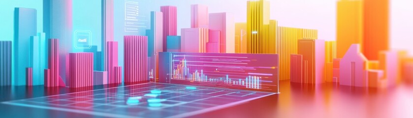Poster - a vibrant city skyline with colorful buildings and data visualization elements, representing the fus
