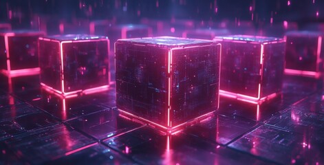 Aufkleber - Abstract glowing cubes in a futuristic digital landscape with neon colors and intricate patterns reflecting high-tech concepts and virtual reality environments