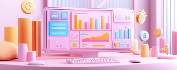 Poster - a vibrant, pastel-themed workspace featuring a computer display with colorful graphs, charts, and pl