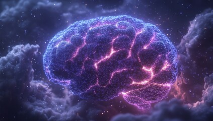 Poster - Abstract Representation of a Glowing Human Brain Surrounded by Cosmic Elements and Nebulae in a Dark Space Background