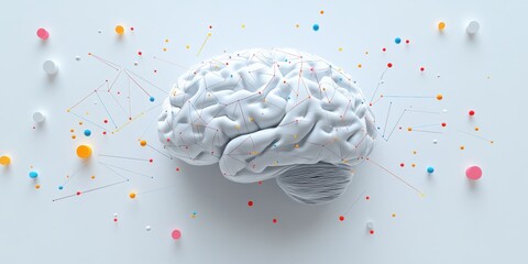 Poster - Abstract representation of a white human brain surrounded by colorful dots and lines on a minimalistic background, symbolizing creativity and intelligence
