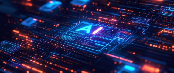 Aufkleber - Abstract representation of artificial intelligence with glowing circuitry and data patterns showcasing technology innovation and digital transformation in vibrant colors