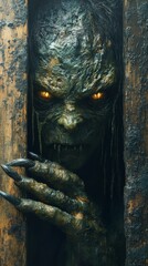 Poster - Greenskinned horror with vacant eyes and long claws peers from a wooden surface Digital painting with lowkey lighting rough textured skin and a dark textured background