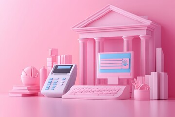Poster - a vibrant pink-themed scene featuring a bank, calculator, computer, and decorative items, all emphas