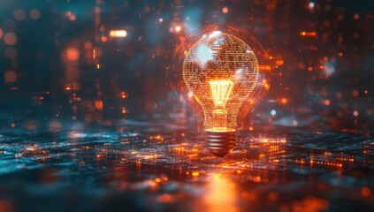 Poster - Abstract visualization of a glowing light bulb made of digital particles against a blurred futuristic background in vibrant colors