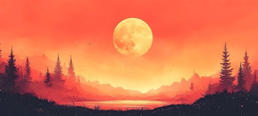 Wall Mural - A mesmerizing landscape featuring a large, luminous full moon set against a fiery orange sky, with silhouettes of evergreen trees and a reflective water body in the foreground.