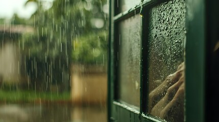 Poster - Closeup view of a rainy day through a window with water droplets on the glass creating a blurred moody landscape in the background  The rainy stormy weather creates a peaceful calming atmosphere
