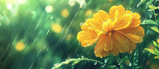 Wall Mural - Close-up of a vibrant yellow marigold flower covered in raindrops against a softly blurred green backdrop emphasizing gardening and horticulture themes