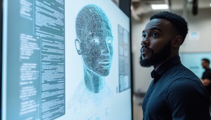 Poster - Businessman Engaging with Futuristic Technology Display Featuring 3D Head Visualization and Data Analysis in Modern Office Setting