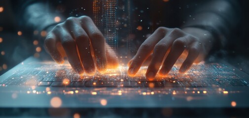 Aufkleber - Captivating Digital Interface with Hands Typing on Keyboard Surrounded by Glowing Data Streams and Vibrant Technology Background