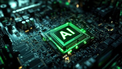 Poster - Circuit board close-up with glowing AI processor, technology background, futuristic design, digital concept, microchip with luminous elements for innovation themes