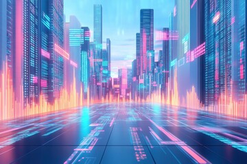 Poster - A futuristic cityscape with vibrant neon colors and digital data visualizations, creating a dynamic and high-tech atmosphere.