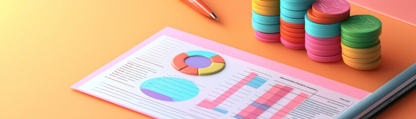 Poster - a colorful financial report with pie charts and bar graphs is placed next to vibrant, stacked coins 