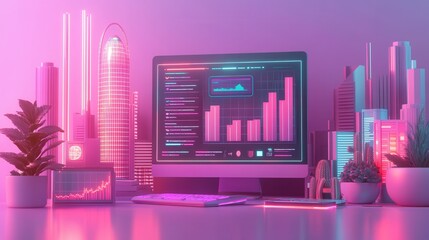 Poster - a vibrant, futuristic workspace featuring a computer with data visuals, plants, and a city skyline i