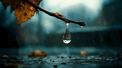 Poster - Solitary raindrop hanging from an autumn leaf surrounded by a blurred natural background of rain foliage and tranquil atmosphere  This serene