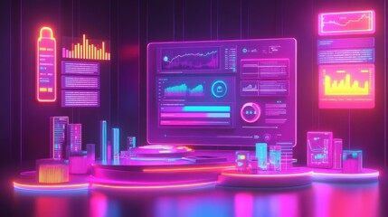 Poster - a futuristic digital interface with vibrant neon colors, displaying data visualizations and analytic