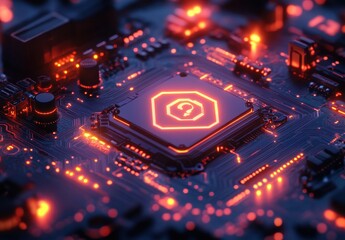 Aufkleber - Close-Up View of Glowing Computer Circuit Board With Illuminated Chip in High-Tech Design Featuring Bright Orange Neon Lights and Connections