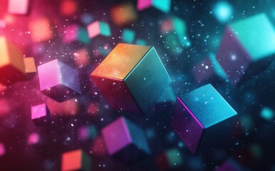 Poster - Colorful 3D cubes floating in a vibrant digital space with glowing particles and abstract background in shades of blue, pink, purple, and orange