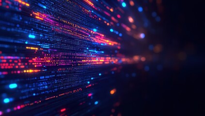 Poster - Colorful abstract background with vibrant light streaks and glowing particles representing digital data flow in a futuristic tech environment