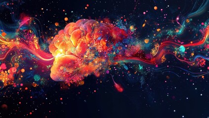 Poster - Colorful Abstract Brain Design with Galaxy Effect and Vibrant Swirls Representing Creativity, Imagination, and Mind Power in a Digital Universe