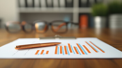 Aufkleber - close up view of pen on document with colorful bar graphs, alongside glasses, set against blurred office background, creating professional atmosphere