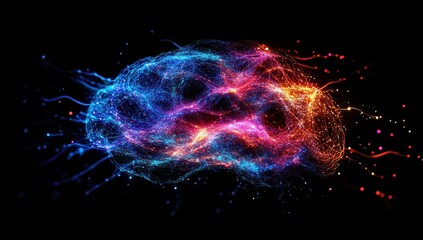 Poster - Colorful Abstract Representation of a Brain with Curved Lines and Bright Colors on a Black Background Emanating Light and Energy Particles