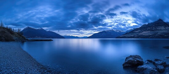 serene blue hour panorama over calm lake with deep blue hues, dramatic mountains in the background, 