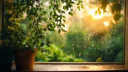 Poster - Raindrops gently clinging to a window pane offering a framed view of lush verdant foliage bathed in the soft warm glow of the sun  This peaceful