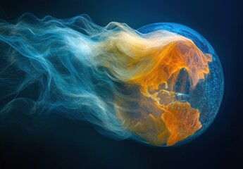 Poster - Colorful digital globe with flowing smoke effects, representing global connectivity and environmental themes in vibrant blue and orange hues.