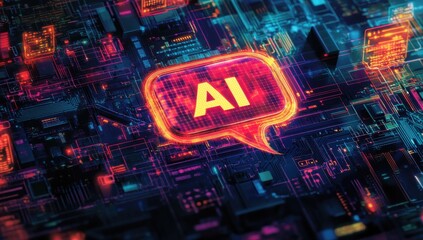 Poster - Colorful Digital Interface Featuring 'AI' Text in Vibrant Speech Bubble Overlaid on Futuristic Circuit Board Background with Bright Neon Lights