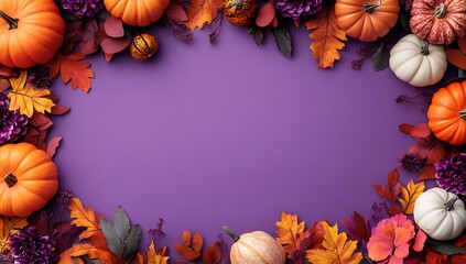 Wall Mural - Fall's Beauty A Frame of Pumpkins and Autumn Leaves on a Purple Backdrop