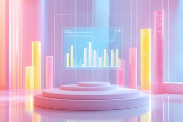 Poster - a futuristic display featuring colorful bar graphs and a podium, suggesting a data-driven presentati