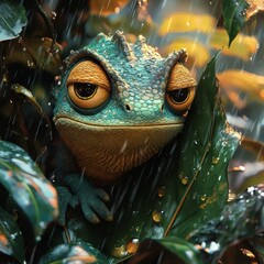 Poster - Grumpy chameleon blends into the jungle foliage while using an oversized leaf to shield itself from the rain Dark clouds gather above while the Pixarinspired jungle scene brings lighthearted humor