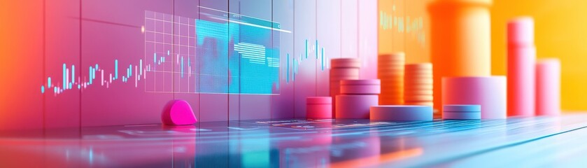 Poster - a vibrant digital illustration of financial data analysis, featuring colorful charts, graphs, and ri