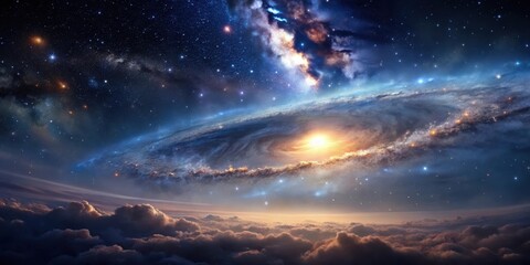 Wall Mural - A Celestial Tapestry of Cosmic Dust, Glowing Nebulae, and Distant Stars Above a Serene Cloudscape