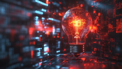 Poster - Creative light bulb representation glowing in digital data environment with red and blue holographic elements illuminating modern technology concept