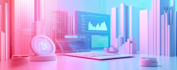 Poster - a futuristic workspace featuring a laptop displaying data graphs, headphones, and geometric designs 