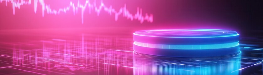 Poster - A futuristic, vibrant design featuring a circular object surrounded by colorful sound waves and a digital matrix background.