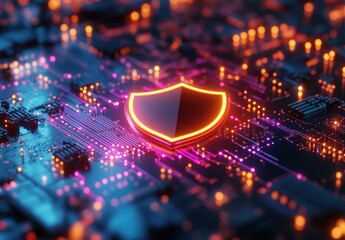Poster - Digital concept of cybersecurity with glowing shield icon on neon circuit board, representing protection and data security in modern technology environment
