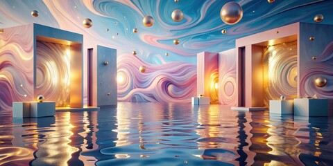 Wall Mural - serene reflections abstract golden gates and swirling hues in a dreamlike aquatic setting