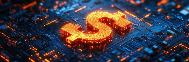 Poster - Digital Representation of Dollar Symbol Illuminated on Circuit Board, Signifying Finance and Technology Convergence in Modern Economy